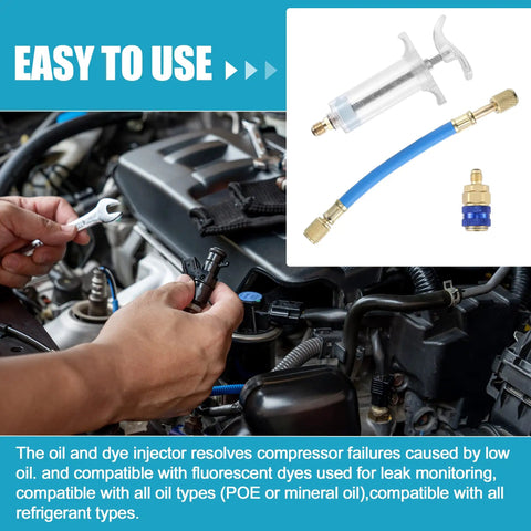 Oil and Dye Injector Kit for Car HVAC Systems, 30ml hand push compressor with tools and quick coupler in vehicle maintenance