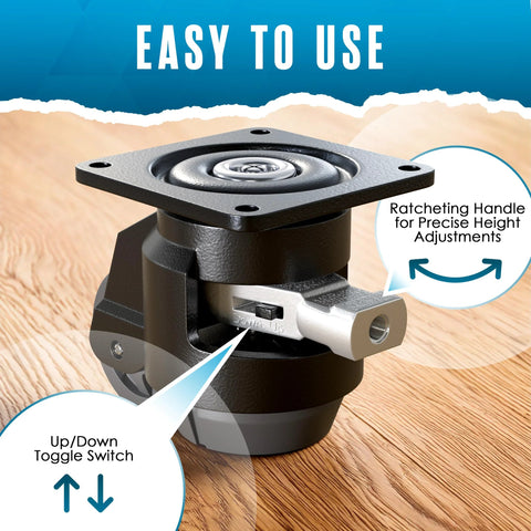 Leveling Casters With Retractable Feet For Stable Mobility on Tables, Machines and Furniture, height adjustable tool close-up