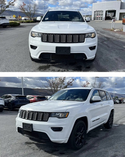 White Jeep Grand Cherokee with front license plate bracket, Type 2 Solid Fitment 2017-2022 WK Front Bumper Replacement Part.