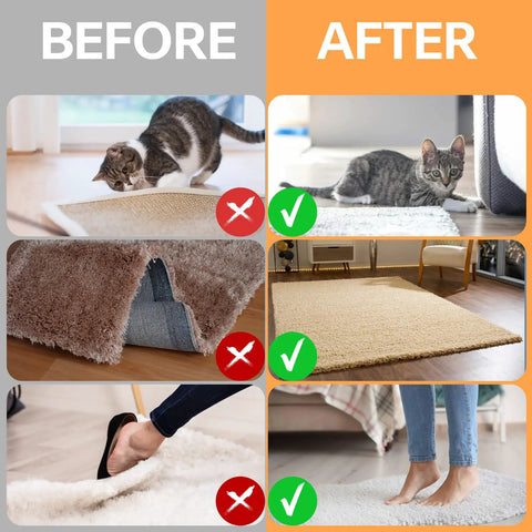Comparison of rug before and after using 12 Piece Rug Gripper Kit Non Slip Rug Tape For Hardwood Floors with cat and human interaction.