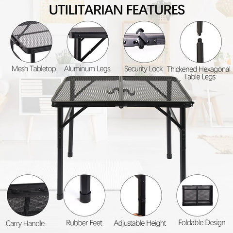 Portable Folding Table For Camping And BBQ, Lightweight Metal Side Table For Picnics And Patio, 23 X 15 Inches with features listed