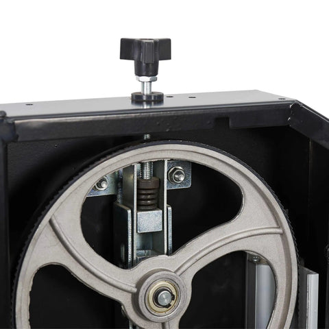 Close-up of the pulley system inside the Badass Heavy Duty Steel Benchtop Band Saw With 2.2 Amp Motor.