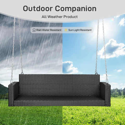 5 Foot Outdoor Porch Swing For Adults Wicker 3 Person Patio Swing With Cushions and Pillow, rain and sun resistant features.