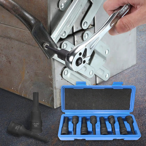 Eight Piece Impact Torx Socket Set With One Half Inch Drive Cr-Mo Steel Bits T30 Through T80 in case and in use