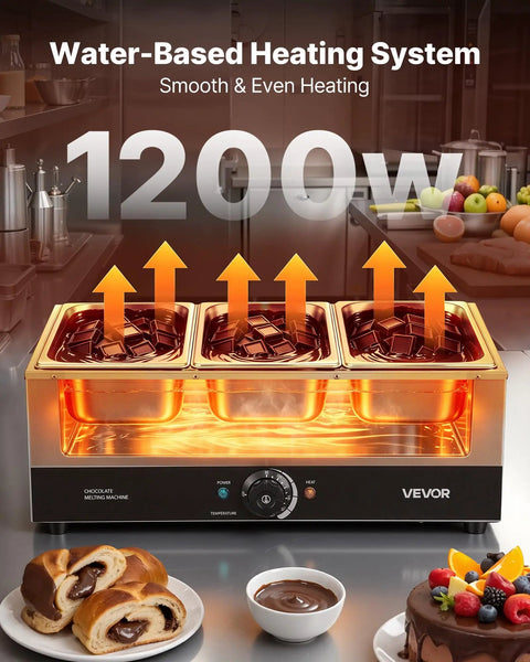 Pro Level Commercial Chocolate Melting Machine With Three Tanks And 27 Pound Capacity Featuring Smooth Water Bath Heating And Dead On Temperature Control For Hassle Free Cocoa Prep Daily with melted chocolate.