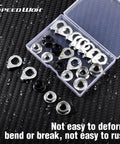 24 Piece Bike Wheel Flanged Axle Nut Kit With 12 Nuts And 12 Safety Washers M8 M9.5 M10 in open box display on textured surface