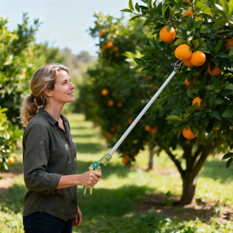Person using 32 Inch Pole Pruner With Long Reach No Ladder Required For Safe Pruning One Hand Use Snip Grip Technology Lightweight Tree Trimmer Cutting One Half Inch Capacity For Roses Persimmons And Tall Branches on orange tree