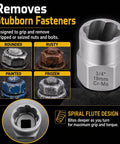 Heavy Duty Bolt Extractor Kit Featuring Internal Reverse Spiral Grip For Yanking Seized Rusted Stripped Nuts And Mangled Screws close-up of spiral flute design with various seized fasteners.