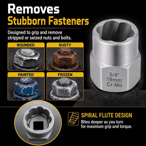 Heavy Duty Bolt Extractor Kit Featuring Internal Reverse Spiral Grip For Yanking Seized Rusted Stripped Nuts And Mangled Screws close-up of spiral flute design with various seized fasteners.