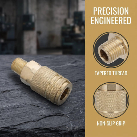 Heavy Duty Quarter Inch NPT Quick Connect Coupler Set For Air Compressors 12 Piece Industrial Pneumatic Fittings Kit With Cast Steel Self Sealing Joints Smooth Gas Flow Male End Pro Grade Spray, brass fitting close-up