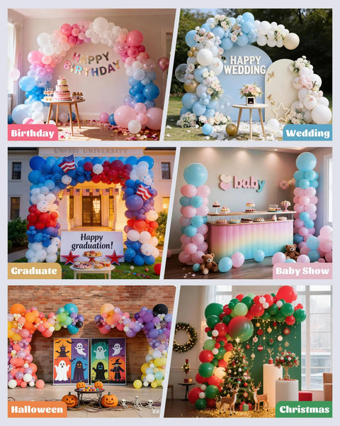 CORALMEE 6IN1 balloon arch stand kit, 10.8ft adjustable column, reusable arch backdrop; six event setups.