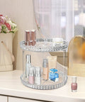 Two Tier Clear Diamond Lazy Susan Bathroom Organizer With Hella Smooth 360 Rotating Base For Vanity Countertop Makeup Skincare Perfume Storage That Is Straight Up Game Changing, displaying cosmetics on a sleek countertop.