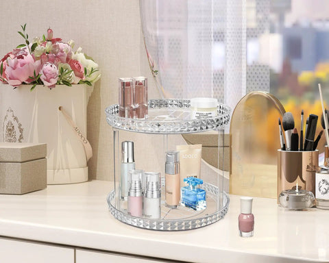 Two Tier Clear Diamond Lazy Susan Bathroom Organizer With Hella Smooth 360 Rotating Base For Vanity Countertop Makeup Skincare Perfume Storage That Is Straight Up Game Changing, displaying cosmetics on a sleek countertop.