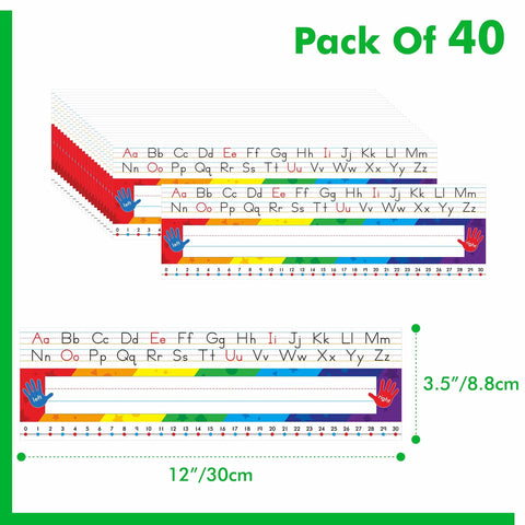 40 Pack Waterproof Desk Name Plates With Alphabet And Number Line 1-30 Traditional Manuscript Style, 12 Inch By 3.5 Inch, Kid Friendly