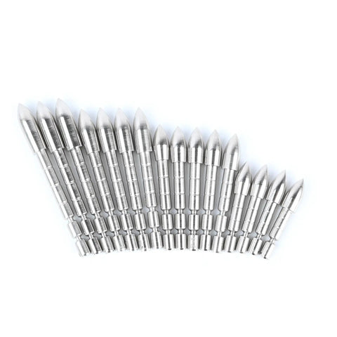 Pro Grade Durable Stainless Steel Archery Insert Arrow Points 4.2mm Glue In 24 Pack With 60 80 100 And 120 Grain Options For 4.2mm Arrow Shafts Field Points For DIY Hunting And Target Practice arranged in a row