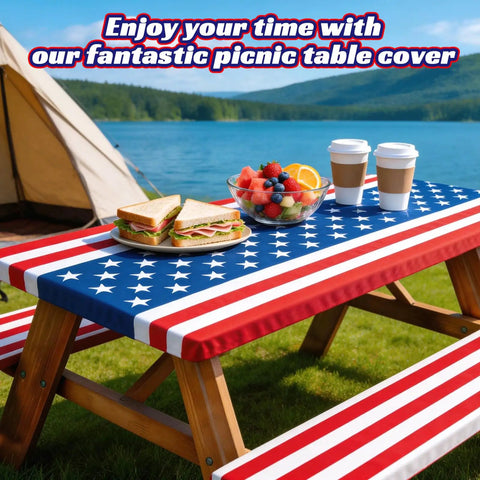 American Flag Picnic Table Cover Set With Bench Covers, 6 Foot Windproof Waterproof Fitted Tablecloth at a lakeside picnic