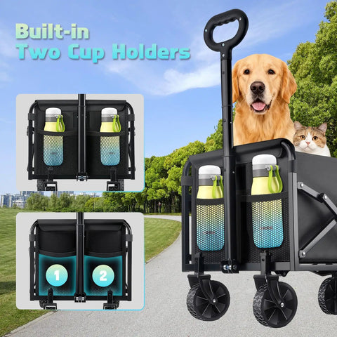 Heavy Duty Folding Wagon For All Terrain Use With 280 Lb Load Capacity featuring built-in cup holders with dog and cat inside