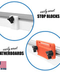 Premium Quality Heavy Duty Uni Style Table Saw Fence Single Piece Aluminum Upgrade Delta Uni Fence System with mounted stop blocks and featherboards.