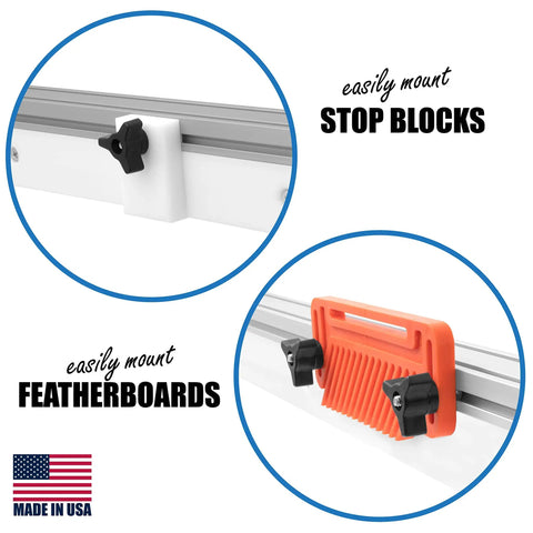 Premium Quality Heavy Duty Uni Style Table Saw Fence Single Piece Aluminum Upgrade Delta Uni Fence System with mounted stop blocks and featherboards.
