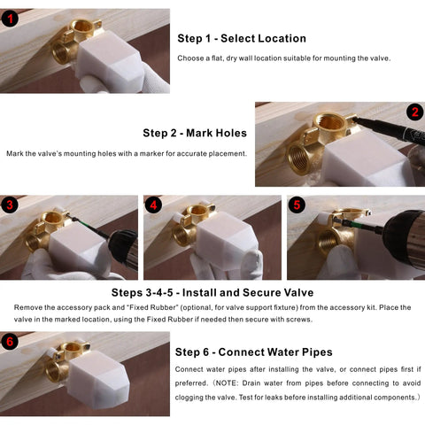 Installation steps for Wall Mount Shower Mixing Valve Kit With Durable Brass Body, Polished Chrome Trim, Rough-In Valve, And Single Handle Control For Precise Temperature, Half Inch NPT, Compatible With Shower Or Tub Diverter.