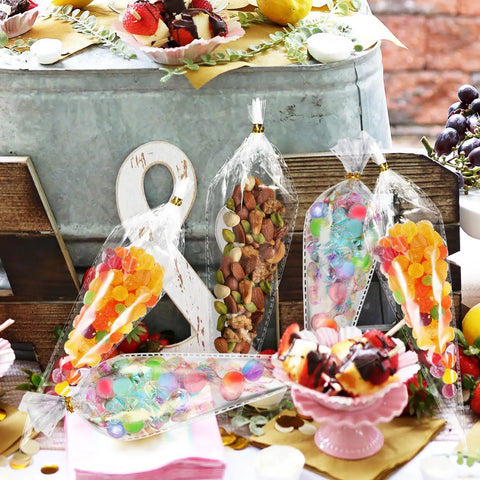 Cone Shaped Treat Bags For Popcorn And Snacks Pack Of 500 Clear Heat Resistant Pouches filled with colorful candies