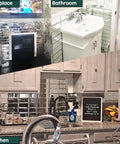 Collage showing Beveled Silver Mirror Subway Backsplash Tiles for Kitchen and Bathroom around fireplace, sink, and kitchen area.