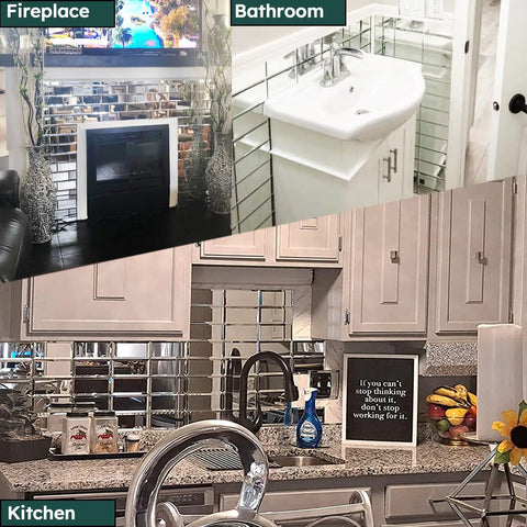 Collage showing Beveled Silver Mirror Subway Backsplash Tiles for Kitchen and Bathroom around fireplace, sink, and kitchen area.