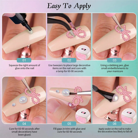 Step-by-step guide using Nail Art Glitter Kit Multicolor 3D Charms For DIY Nails Two Boxes Packed With Flowers Butterflies Snakes.