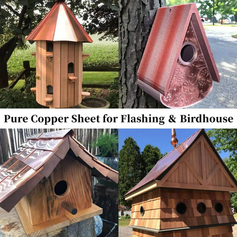Copper birdhouses made with Three Pack 8 By 10 Inch Copper Sheets 24 Gauge 0.51mm Pure Copper Plate With Double Sided Film 99.9 Percent Plus.