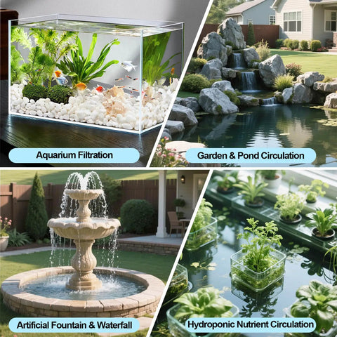 Various uses of 320 GPH Submersible Water Pump For Aquarium Pond And Hydroponics Quiet Energy Efficient With Three Nozzles Six Point Six Foot Power Cord And Max Lift Four Point Nine Feet including aquarium, pond, fountain, and hydroponics.