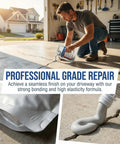 Man applying Self Leveling Concrete Crack Filler 2 Pack 2.21 Lb High Elasticity Waterproof Repair Sealant For Driveways Patios And Outdoor Concrete Joints Durable Caulking Glue Quick Cure Time Tack Free In 2 To 3 Hours Full Cure In 24 To 48 Hours to a driveway crack with packaging and sealant close-up details