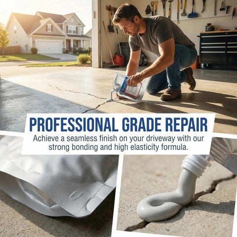 Man applying Self Leveling Concrete Crack Filler 2 Pack 2.21 Lb High Elasticity Waterproof Repair Sealant For Driveways Patios And Outdoor Concrete Joints Durable Caulking Glue Quick Cure Time Tack Free In 2 To 3 Hours Full Cure In 24 To 48 Hours to a driveway crack with packaging and sealant close-up details