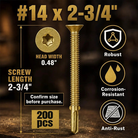 Fourteen Gauge Bronze Self Drilling Screws For Trailer Decks And Steel Panels Star Drive T30 Fasteners Bulk Box with detailed specs.