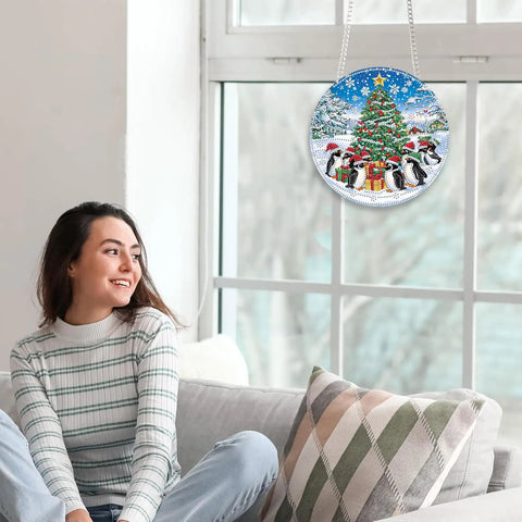 Totally Cozy Penguin Christmas Tree Sun Catcher Window Hanging DIY Double Sided Diamond Painting Pendant Kit Acrylic Diamonds