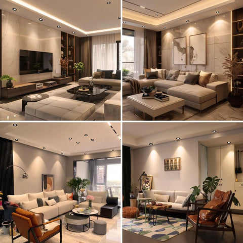 Modern living rooms with 2 Inch LED Downlight Kit With 3W Recessed Lighting 220LM COB Dimmable inserted in ceilings, warm ambiance.