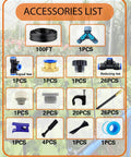 Plug And Play Drip Irrigation Kit accessories list with 100 ft hose, rotary nozzles, connectors, and tees for garden use.