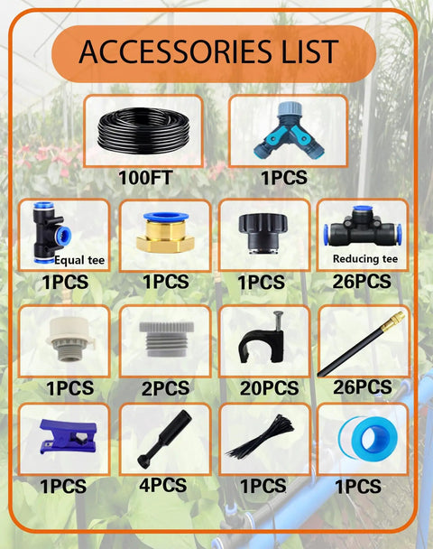 Plug And Play Drip Irrigation Kit accessories list with 100 ft hose, rotary nozzles, connectors, and tees for garden use.
