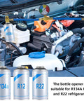 R134A Refrigerant Charge Hose Kit With Gauge For Car AC in engine bay, showing compatible R134A R12 and R22 canisters nearby.