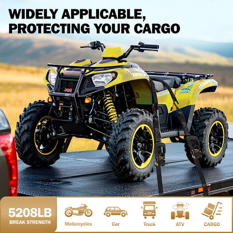 ATV secured on truck bed with Beefy Heavy Duty Ratchet Straps 1.6 Inch Wide By 16 Ft Long With S Hooks and Soft Loops, 5208Lb Break Strength