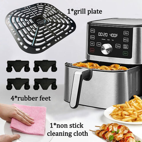 No Mess Game Changer Air Fryer Crisp Plate And Grill Rack Built For Instant Pot Vortex Plus 5 8 Qt and 6 Qt XL Models with cleaning cloth and rubber feet.