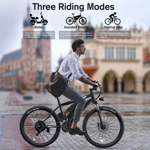 Man riding Beast Electric Bike For Adults 27.5 Inch 500W Ebike through city, showcasing three riding modes.