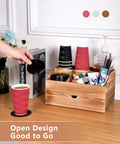 Coffee Station Organizer With Pod Drawer And Tea Bag Holder Rustic Wooden Coffee Bar Rack holding cups and accessories on countertop.