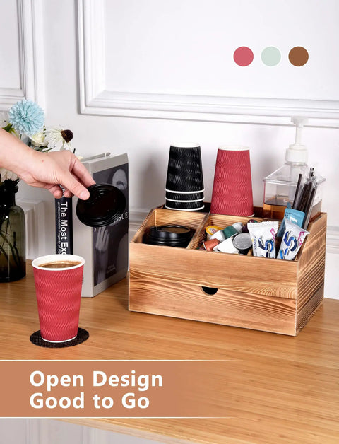Coffee Station Organizer With Pod Drawer And Tea Bag Holder Rustic Wooden Coffee Bar Rack holding cups and accessories on countertop.