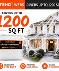 1200 Square Foot White Stretchable Halloween Spider Webs With Forty Fake Spiders For Haunted House Yard Porch Indoors And Parties That Serve Kickass Spooky Vibes displayed on house exterior.