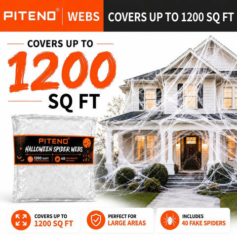 1200 Square Foot White Stretchable Halloween Spider Webs With Forty Fake Spiders For Haunted House Yard Porch Indoors And Parties That Serve Kickass Spooky Vibes displayed on house exterior.