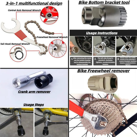 All In One Pro Grade Bike Repair Tool Kit With Hard Case For Mountain And Road Bikes showing wrench, bracket, and chain tools.