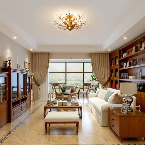 Living room with 4 Light Vintage Crystal Chandelier Ceiling Light in Gold Finish, elegant sparkle over cozy seating area.