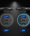 Triple USB Car Charger With Dual PD3.0 USB C Ports And Quick Charge 3.0 Power Switch Fast Charge For Phones And Tablets Perfect For Car Boat RV Marine ATV showing off and on settings.
