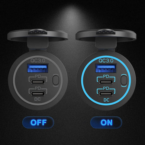 Triple USB Car Charger With Dual PD3.0 USB C Ports And Quick Charge 3.0 Power Switch Fast Charge For Phones And Tablets Perfect For Car Boat RV Marine ATV showing off and on settings.
