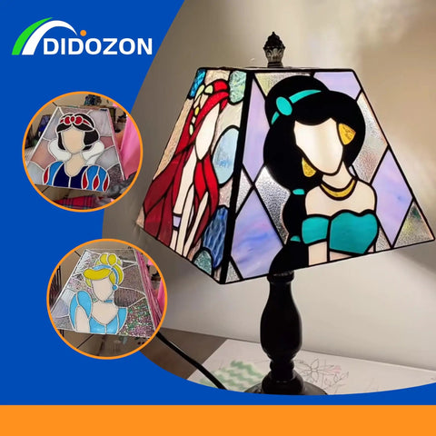 Stained glass lampshade featuring classic character designs, ideal for use with 60/40 Solder For Stained Glass Pro Grade Tin Lead Alloy.